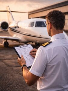 Piloto de avião realizando checklist